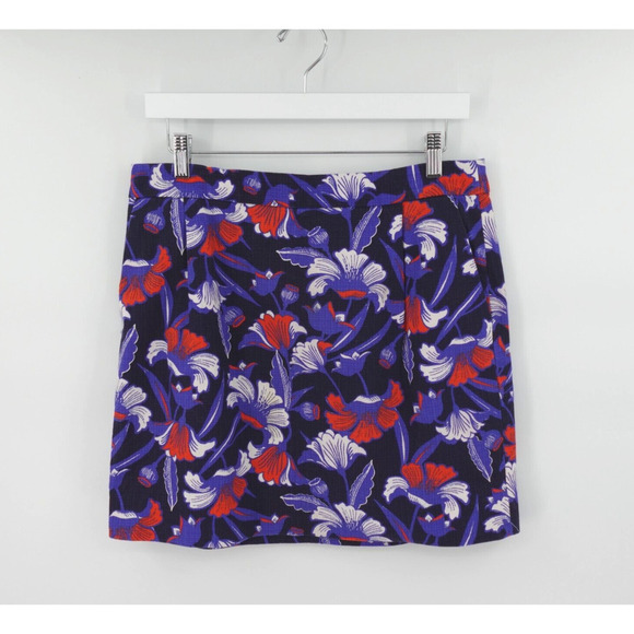 J Crew Mini Skirt 10 Blue Floral Print Basketweave Mod Whimsical - Picture 1 of 12